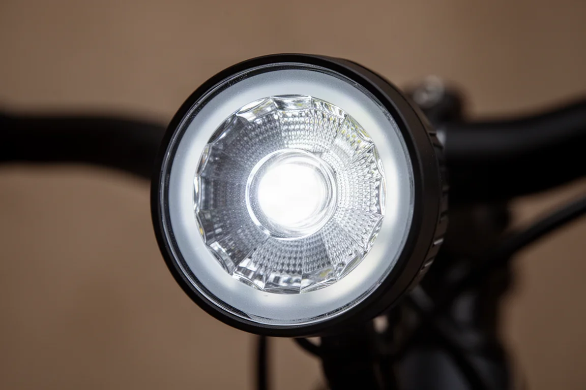 Närbild på en cykelframlyktas lins med en ljus stark mittpunkt