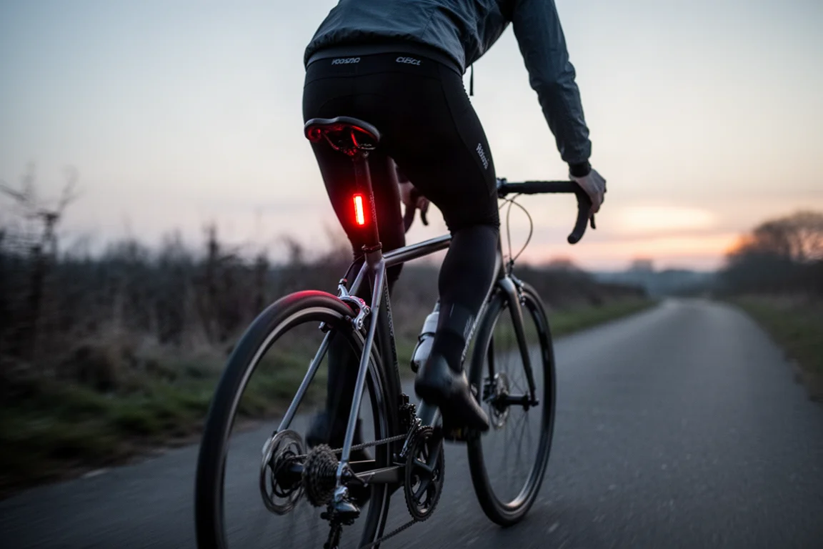 Cyklist som cyklar i skymningen med ett litet rött bakljus som lyser på sadelstolpen