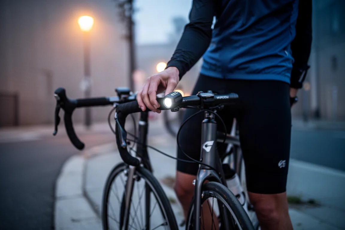 Cyklist som slår på ett styrelyse inför en kvällstur