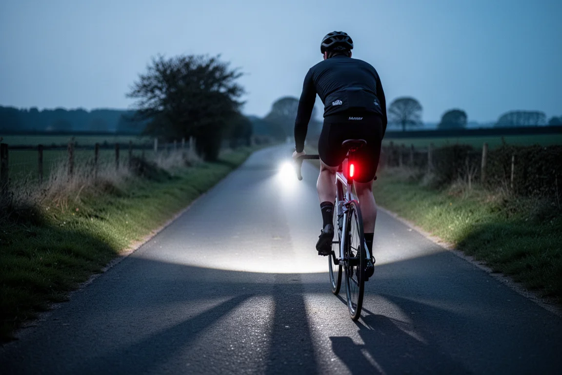 Radfahrer auf einer Landstraße in der Dämmerung mit leuchtendem Vorder- und Rücklicht