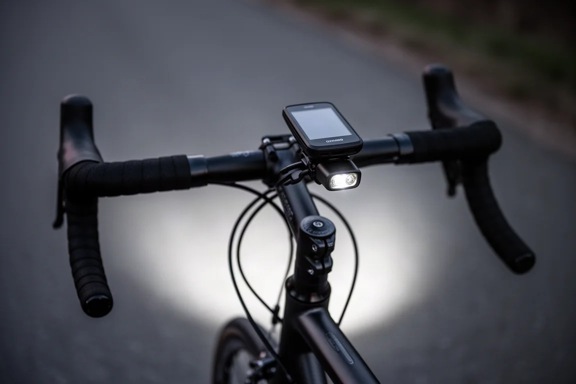 Fahrradcockpit in der Dämmerung mit einer Lampe unter einer vorgezogenen Computerhalterung