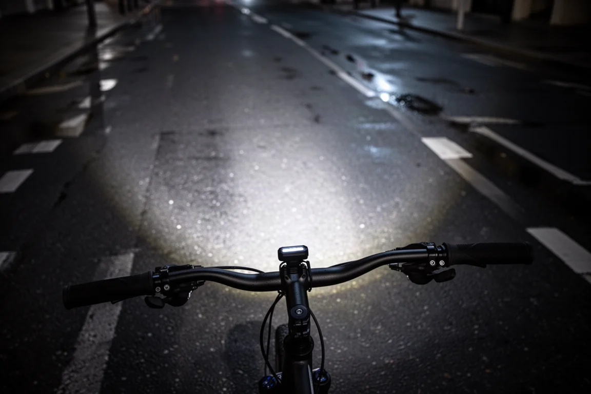 Breiter Strahl einer unter dem Lenker montierten Fahrradlampe, der sich über nassen Asphalt ausbreitet