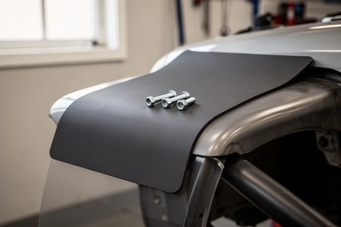 Flexible magnetic mat draped over a curved car fender holding small hardware