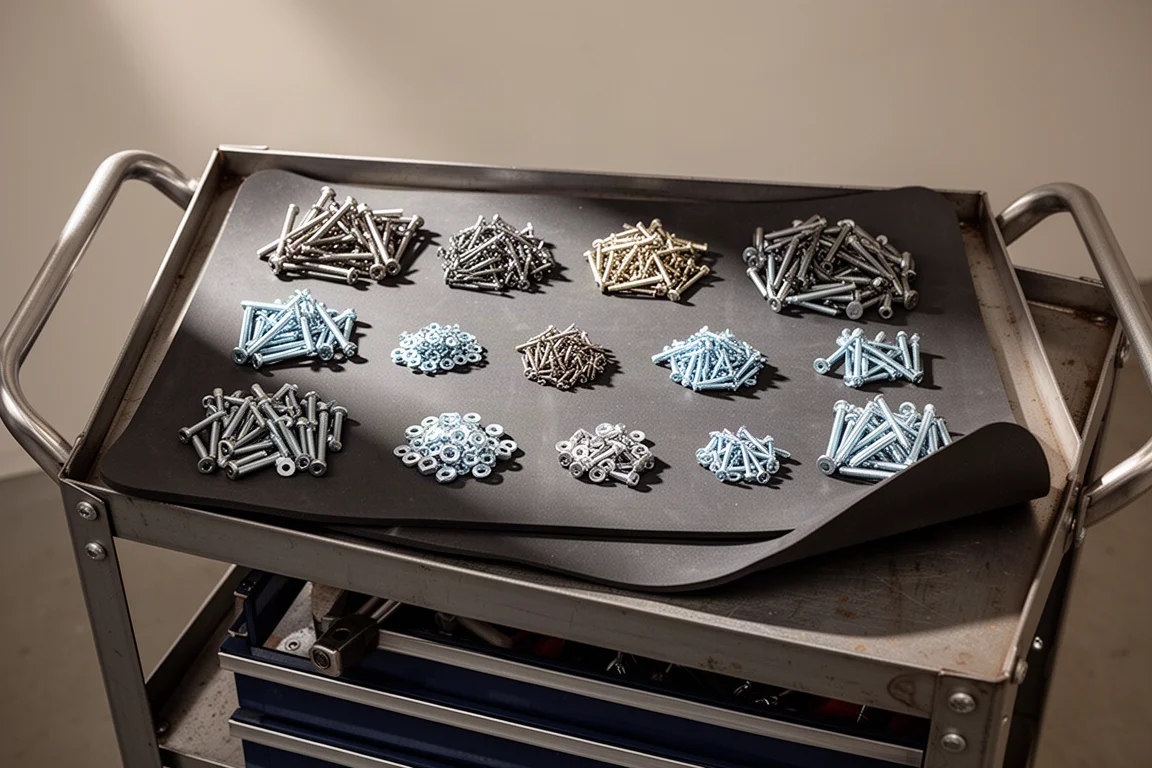 Workbench scene with parts organized in separated groups on a magnetic mat
