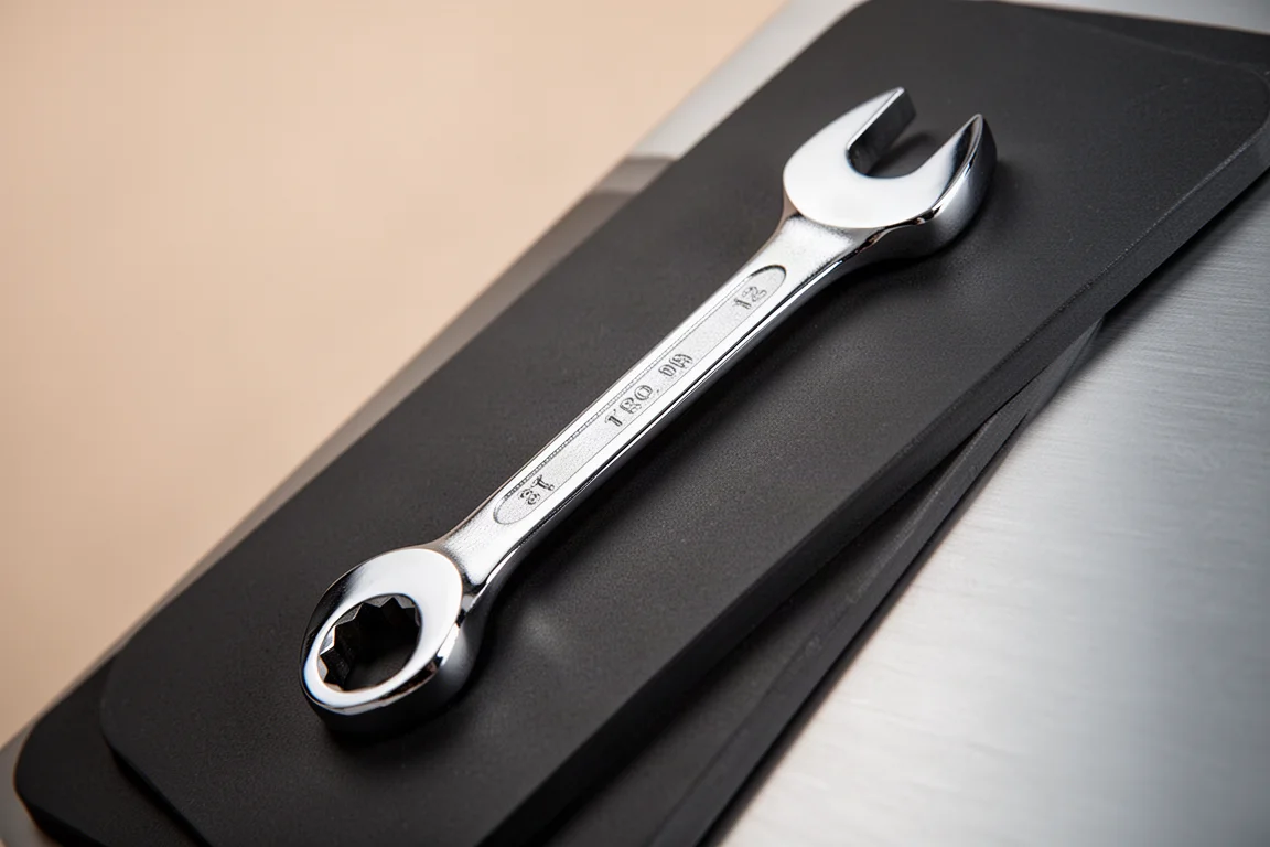 Large wrench clinging firmly to a strong magnetic mat held at an angle