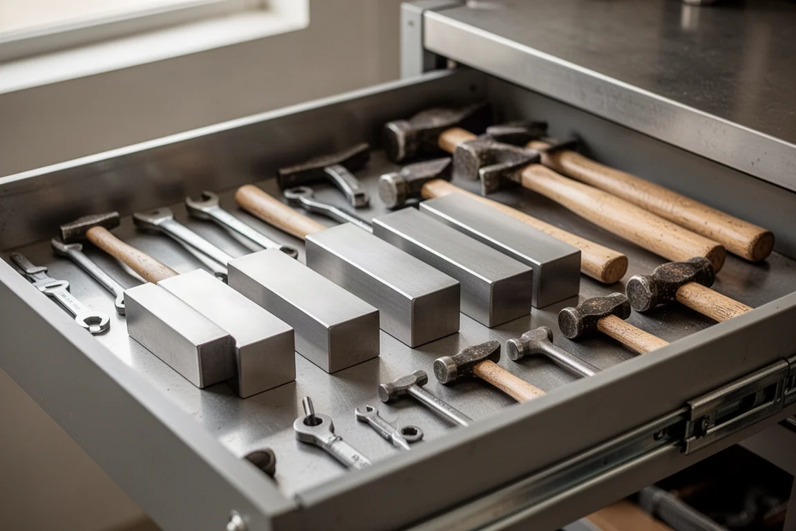 Workshop drawer scene with magnetic plates holding hammers and hand tools in place