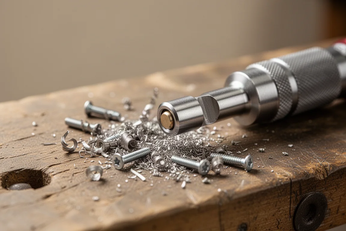 Metal shavings scattered around a magnetic nut driver tip on a workbench