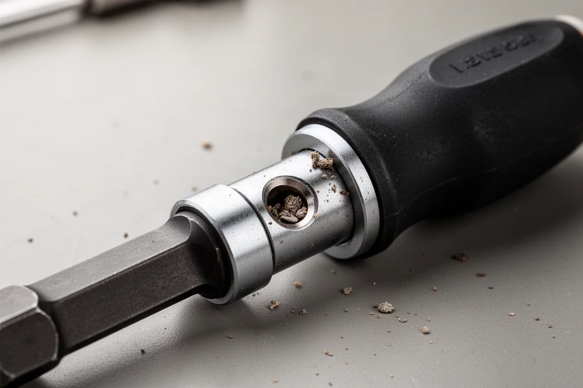Nut driver with a sliding collar mechanism pushed upward on a bench