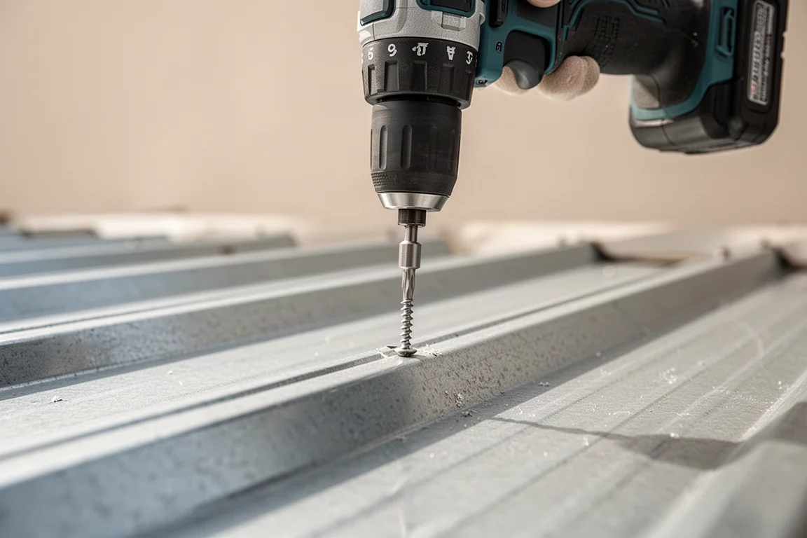 Drill with a nut driver bit working on sheet metal roofing screws