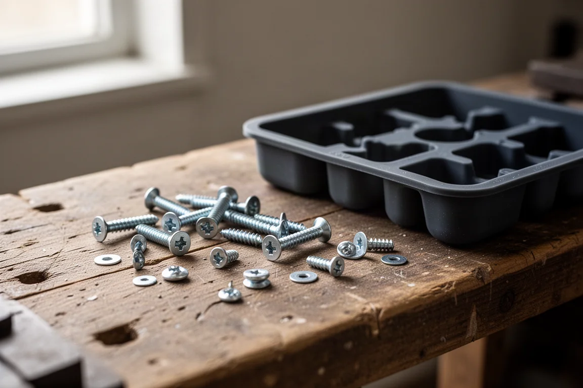 Magnetisk delsbricka täckt av lösa skruvar och fästanordningar på en verkstadsbänk