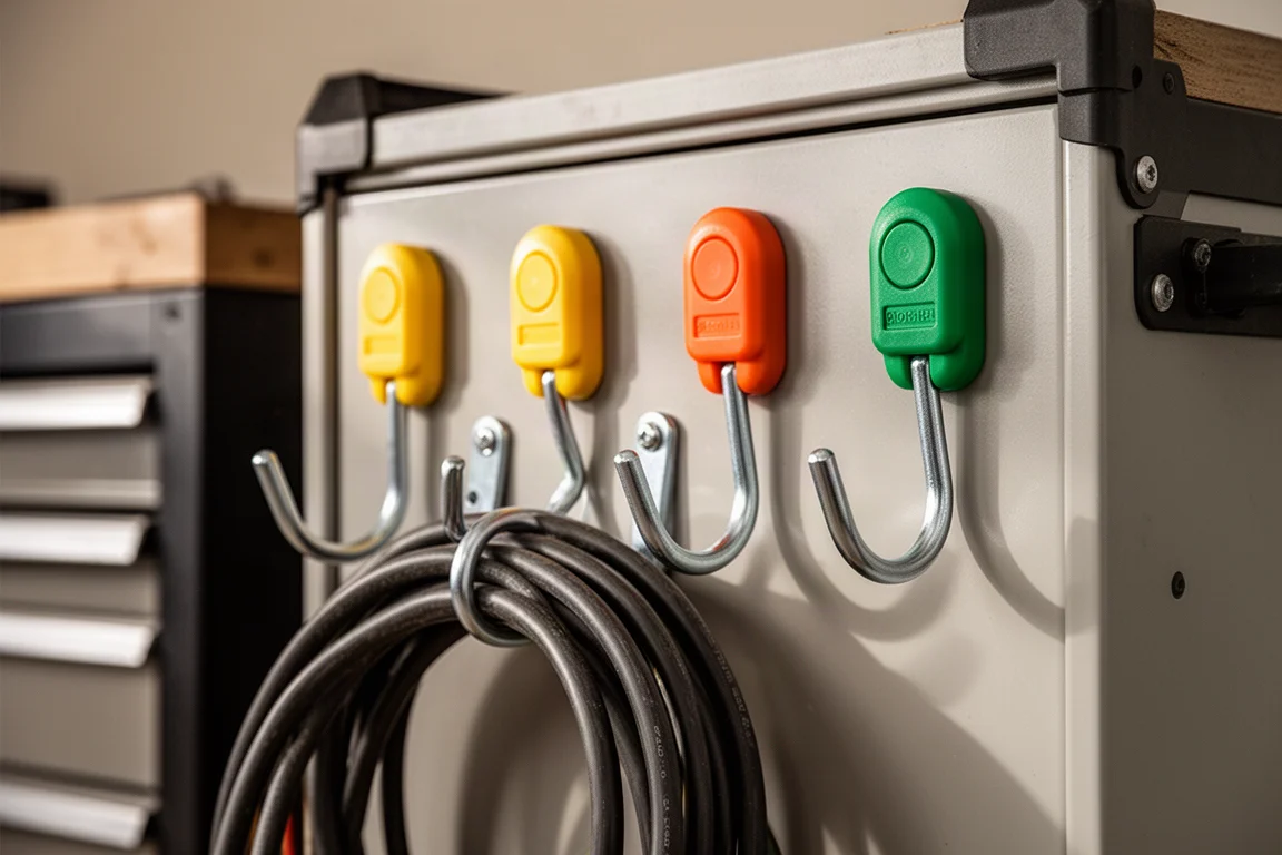 Crochets magnétiques colorés fixés sur le côté d'une caisse à outils