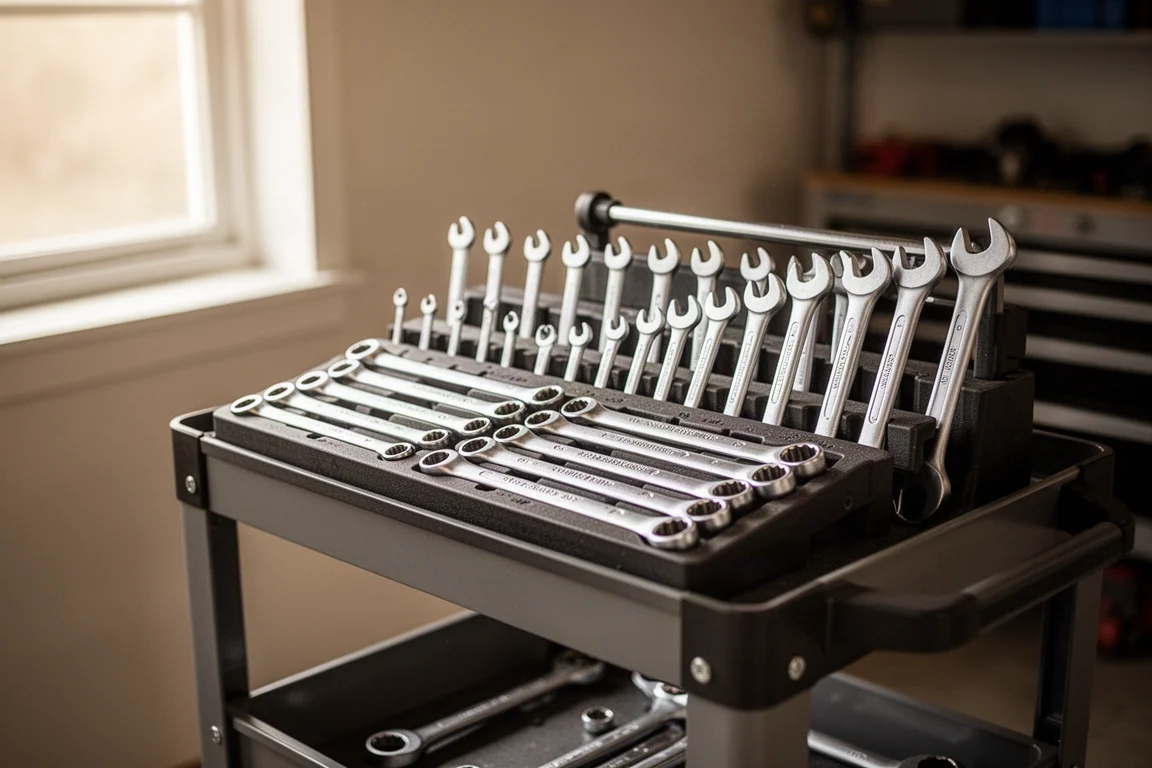 Rollender Werkzeugwagen mit Ringschlüsseln, die in einem Organizer-Rack ausgelegt sind