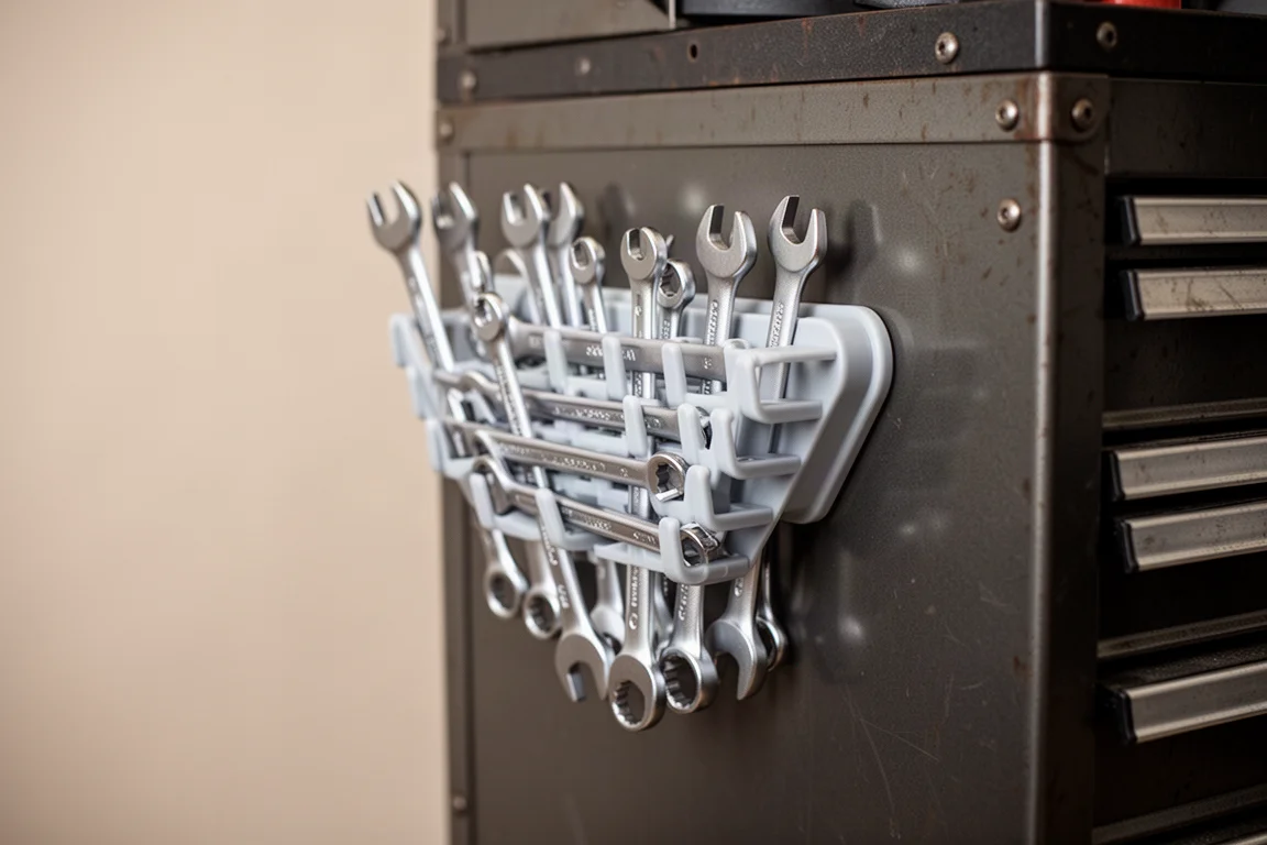 V-förmiges Schraubenschlüssel-Rack mit Magnetsockel an einer Metall-Werkzeugtruhe montiert