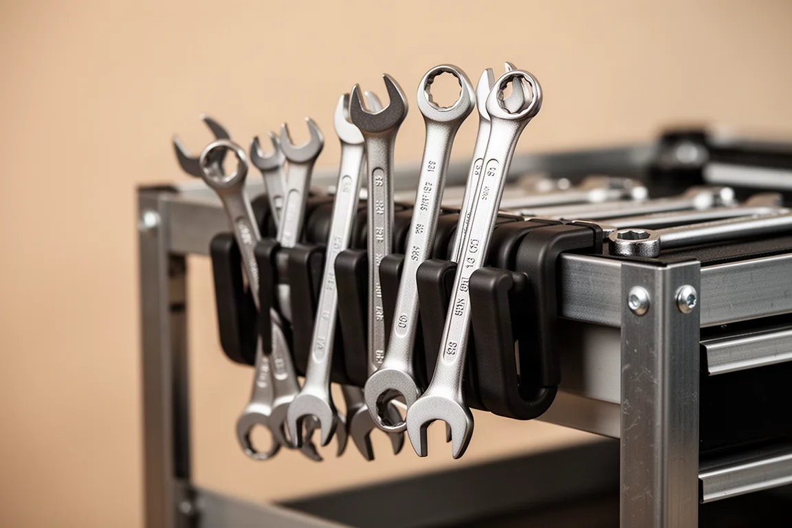 Schraubenschlüssel-Organizer-Rack greift eine Metallfläche und hält Schlüssel in einem Winkel