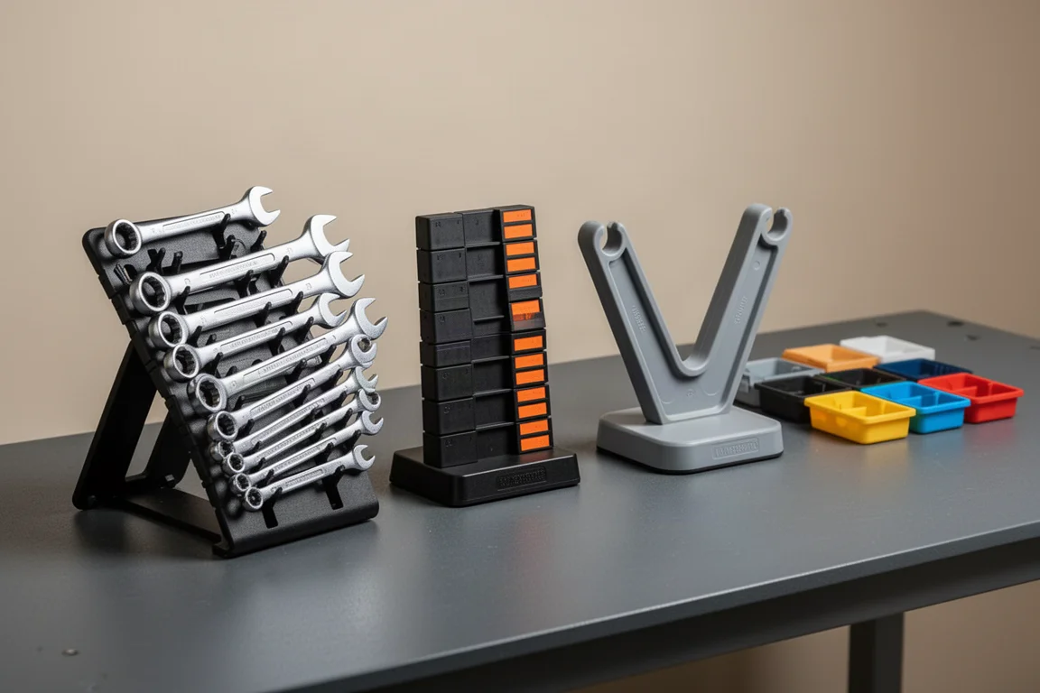 Four different wrench organizers lined up on a dark workbench