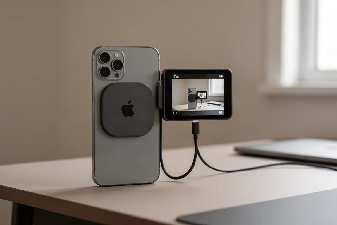 iPhone dressé à la verticale sur un bureau, tenu par une poignée magnétique minimaliste pendant un visionnage mains libres