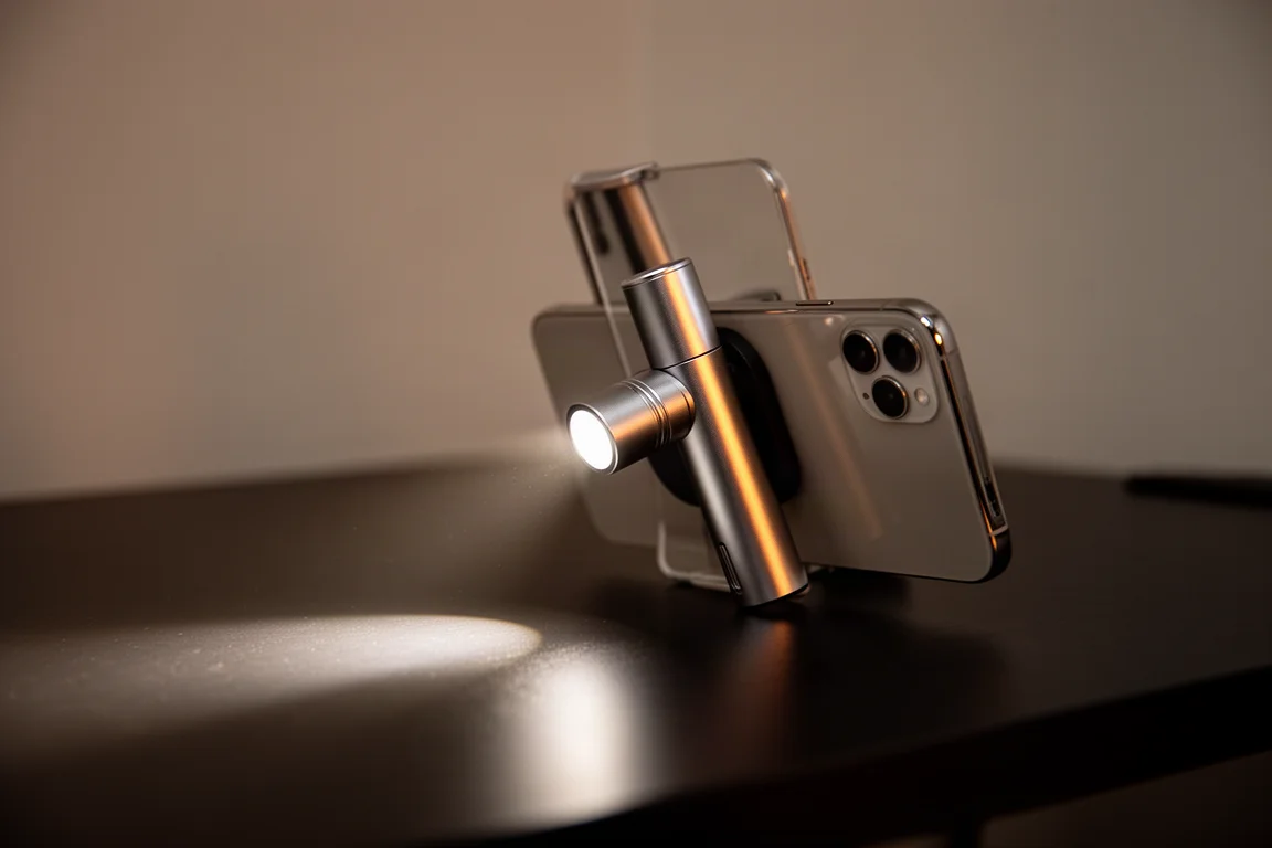 Téléphone fixé sur un petit trépied en aluminium, filmant sur un bureau en mode portrait et paysage