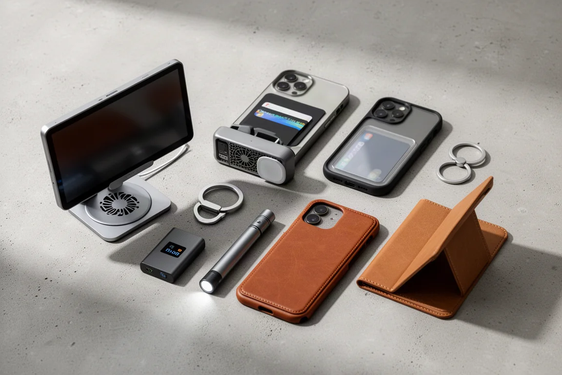 Colección de accesorios MagSafe para el teléfono dispuestos sobre una superficie de hormigón mate