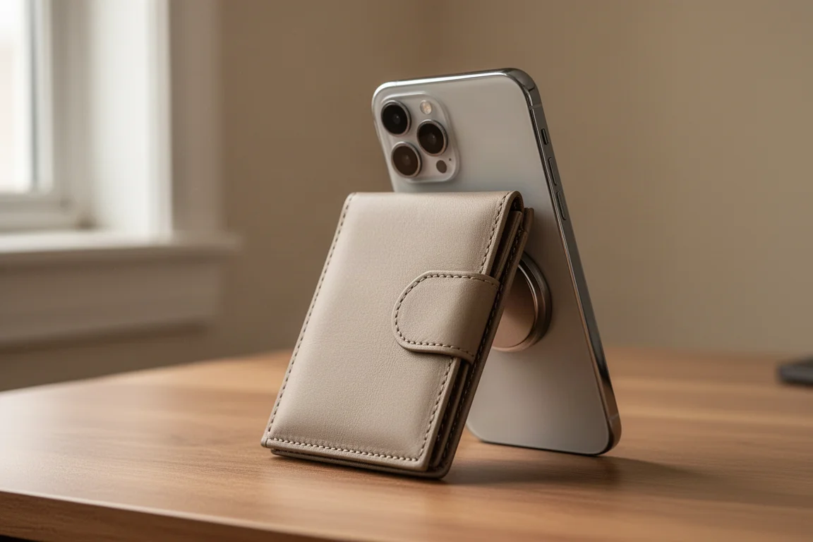 Smukły portfel MagSafe z składaną klapką przymocowany z tyłu smartfona