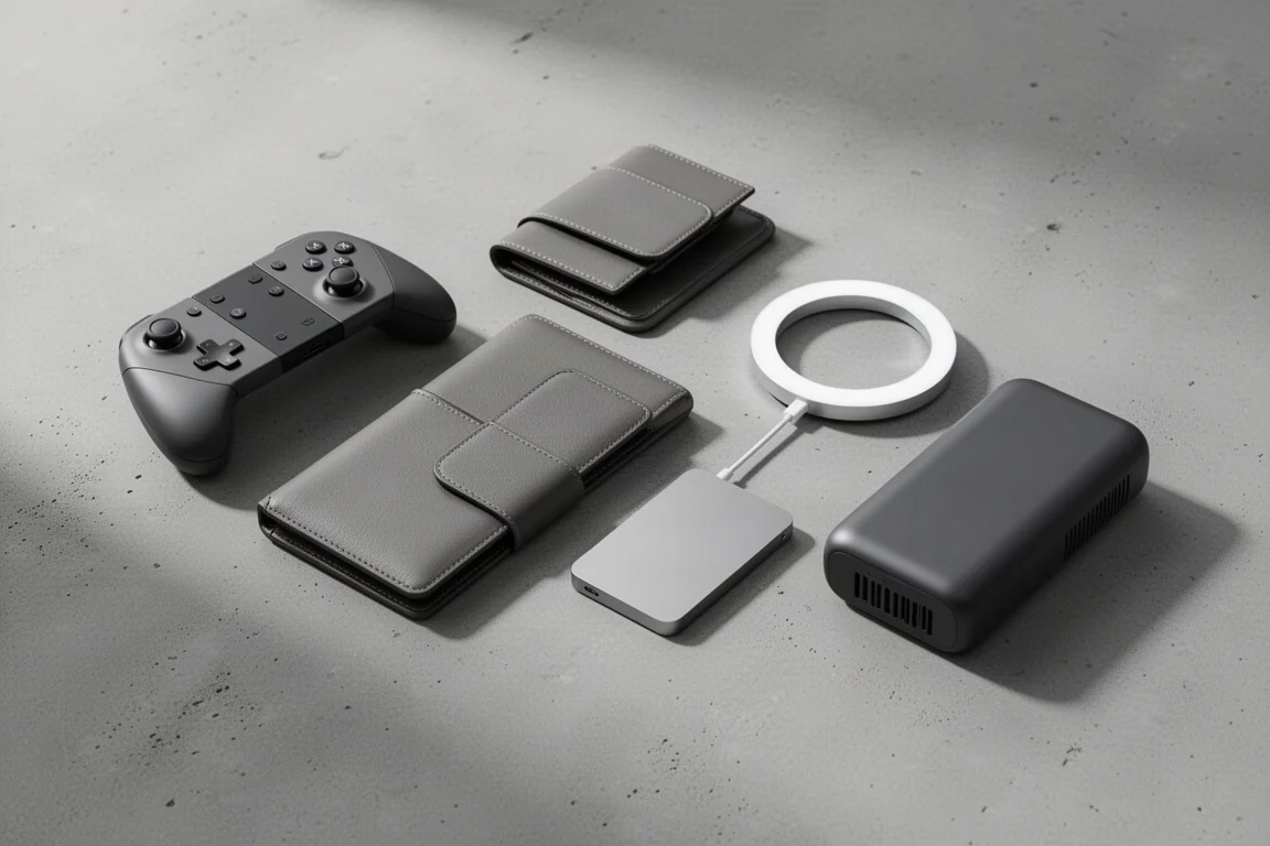 Flat-lay of five MagSafe accessories including controller, wallet, light, SSD, and battery on concrete