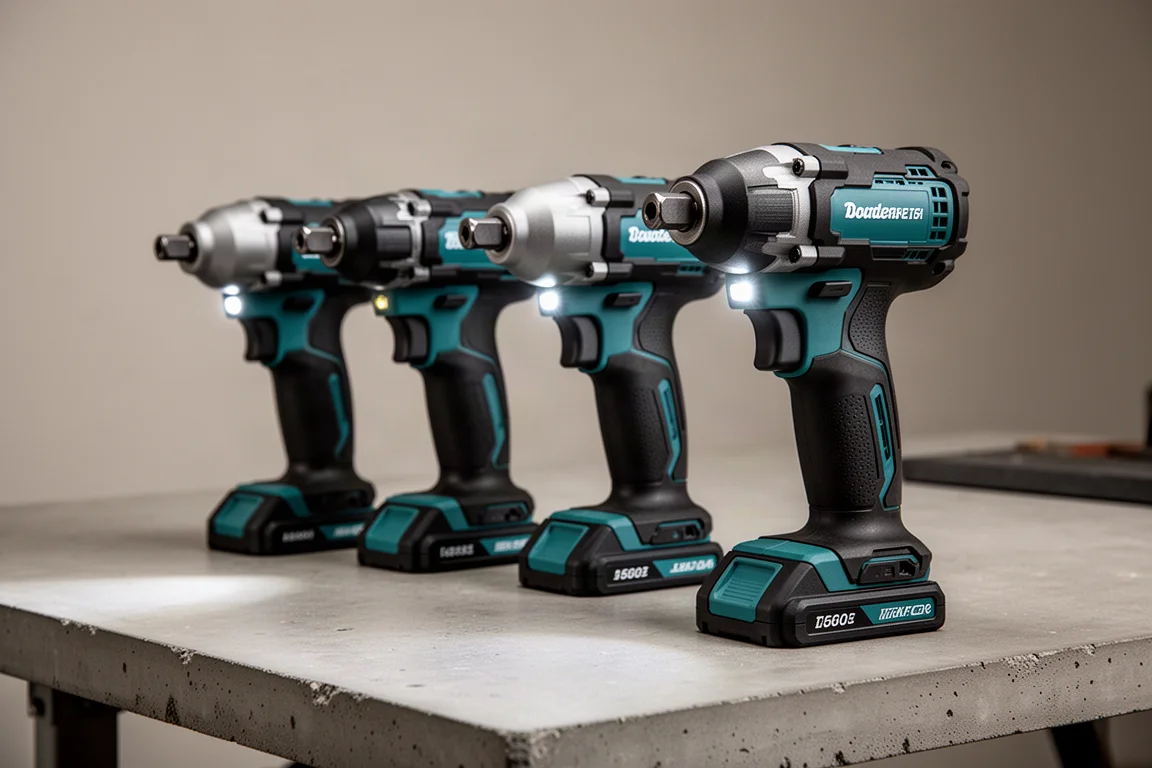 Four Makita 18V impact drivers arranged on a concrete workbench