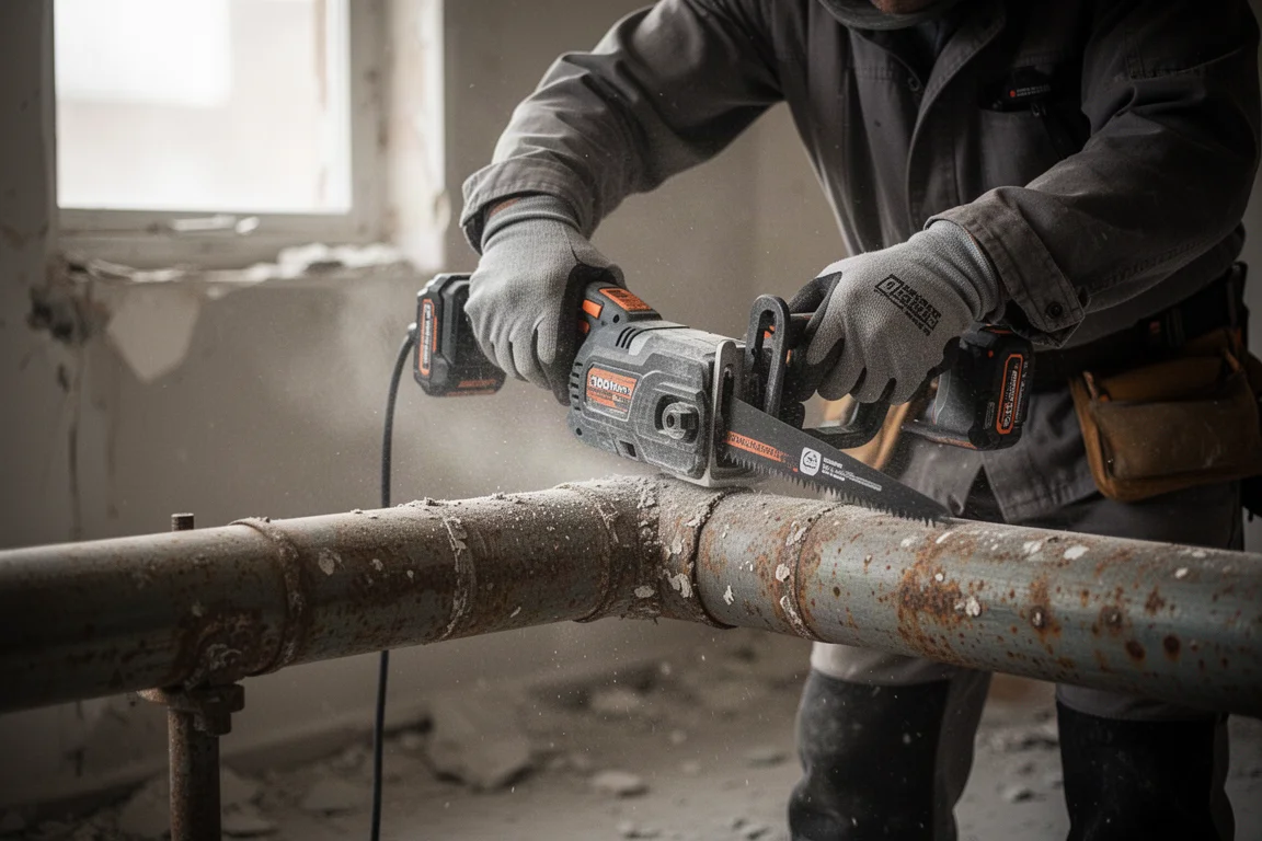 Trabajador cortando una vieja tubería de metal con una sierra recíproca en un espacio de demolición con poca luz