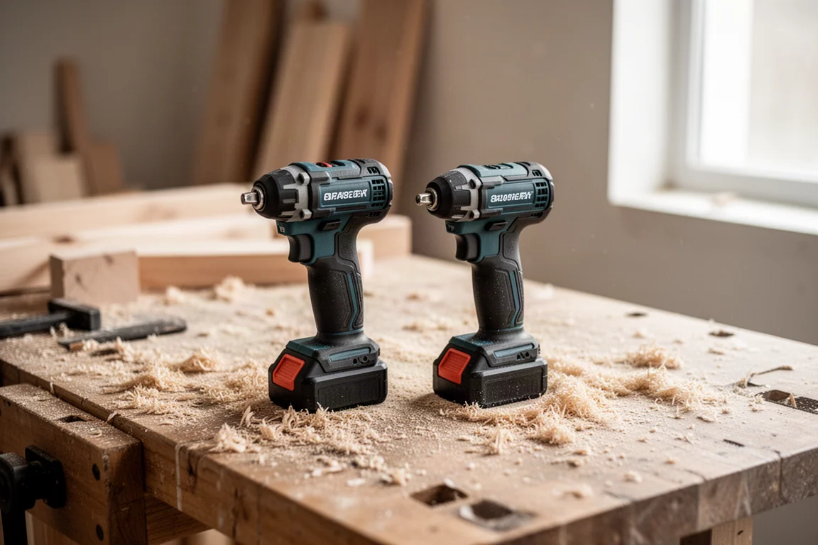 Trapano a batteria e avvitatore ad impulsi appoggiati su una panca da lavoro coperta di segatura