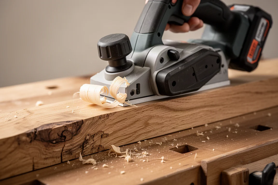 Pialla a batteria che leviga una tavola di legno grezzo a mano