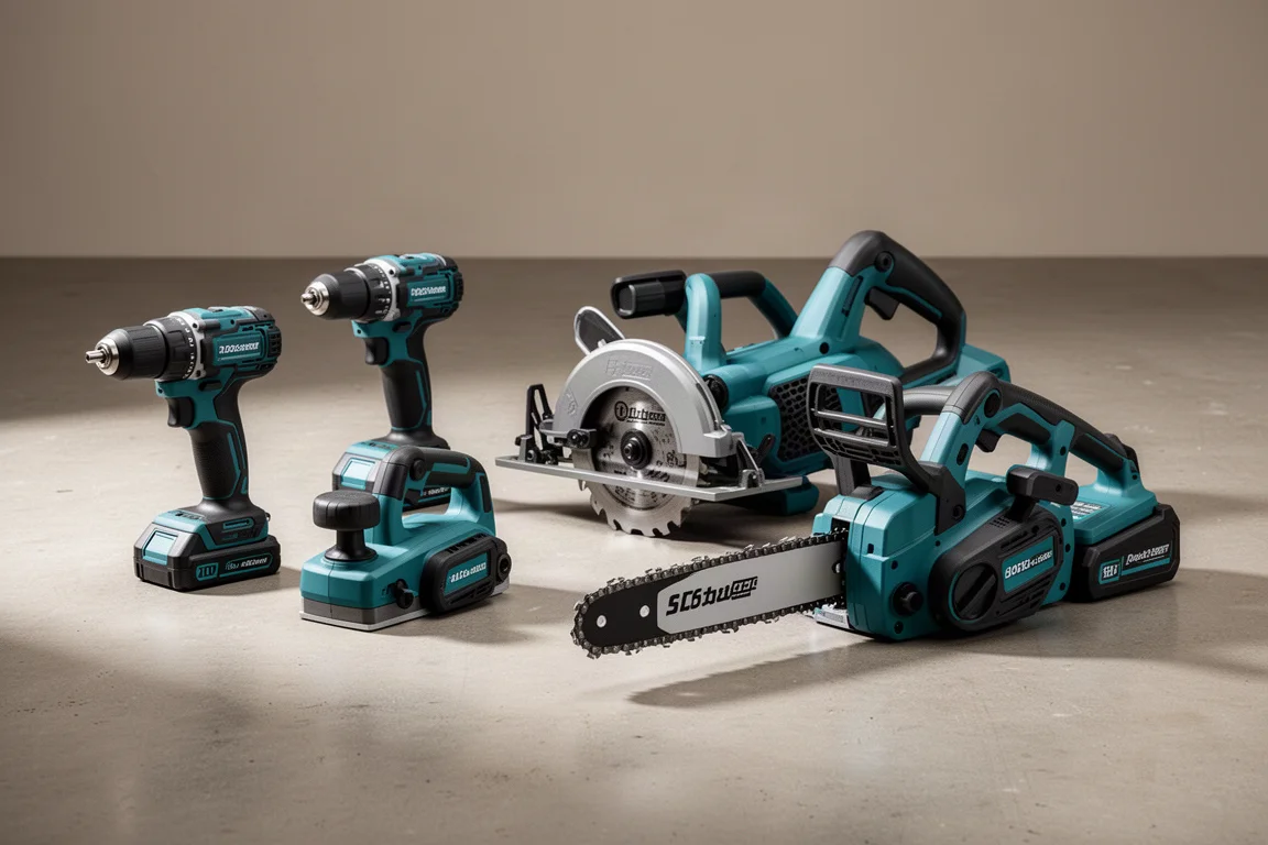 Five Makita-style cordless power tools arranged on a concrete workshop floor