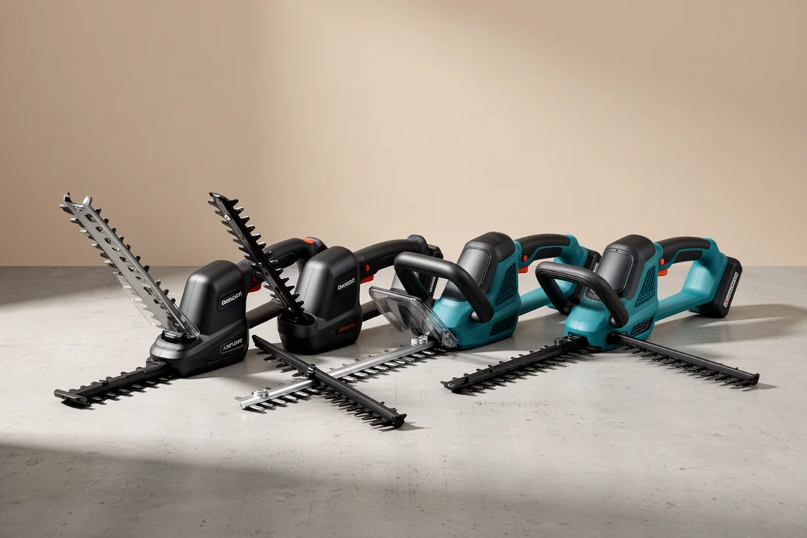 Lineup of five cordless hedge trimmers on a concrete surface