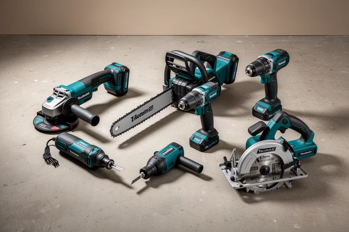Diverse Makita accugereedschappen op een betonnen werkplaatsvloer