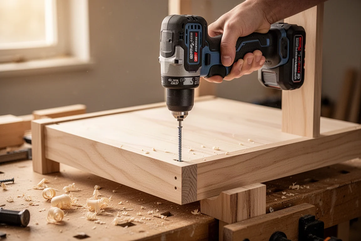Atornilladora de impacto inalámbrica atornillando tornillos en un panel de madera sobre un banco de trabajo