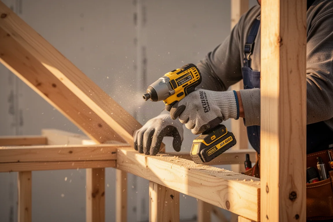 Contratista trabajando con una atornilladora de impacto inalámbrica en una obra de estructura de madera
