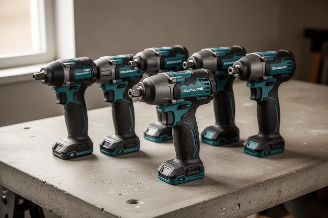 Six Makita cordless impact drivers lined up on a concrete workbench