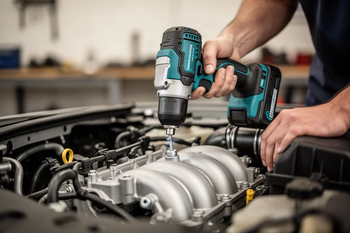 Meccanico che usa un trapano ad impulsi compatto a batteria su componenti del motore in un'officina