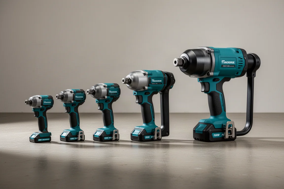 Lineup of Makita impact drivers and impact wrenches of increasing size on a concrete floor