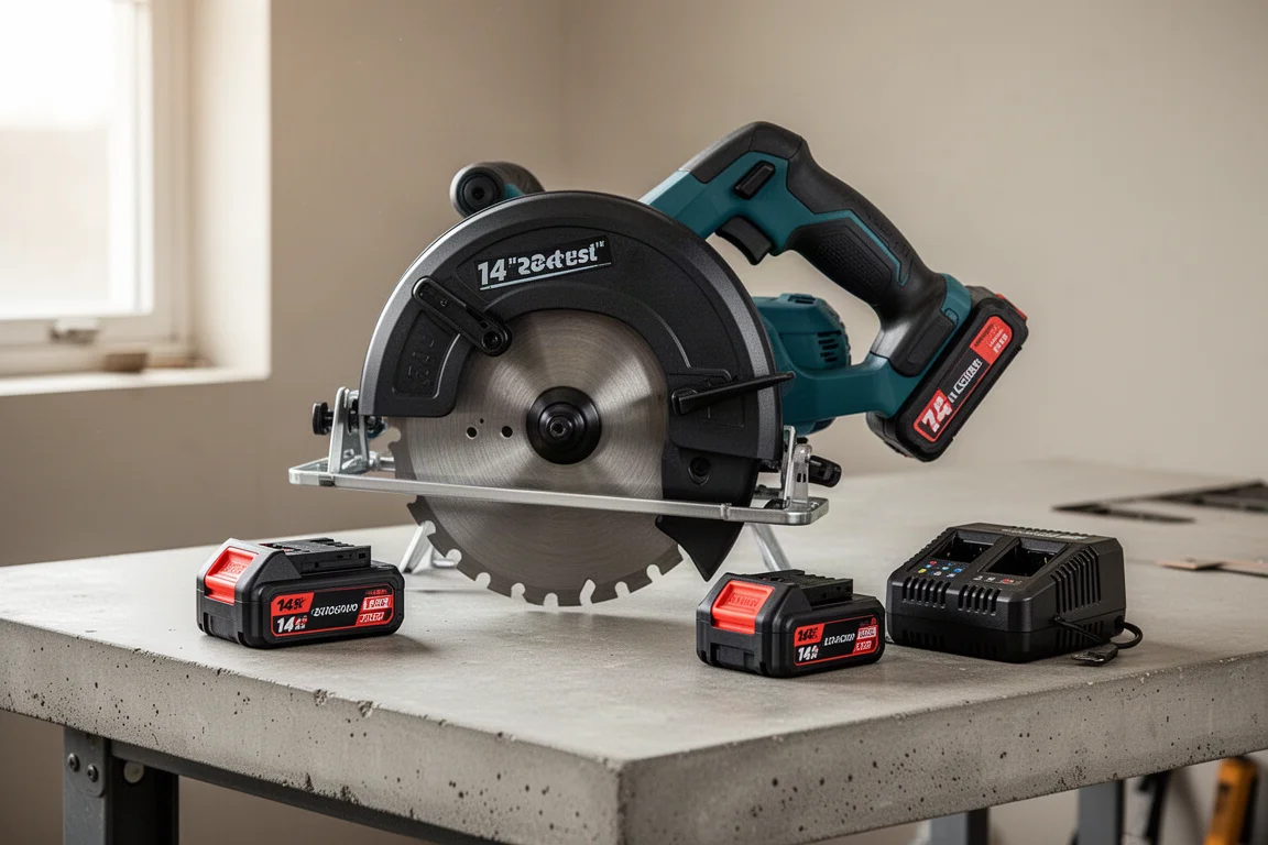 Afkortzaag van 14 inch met twee accu's en een lader, opgesteld op een werkbank