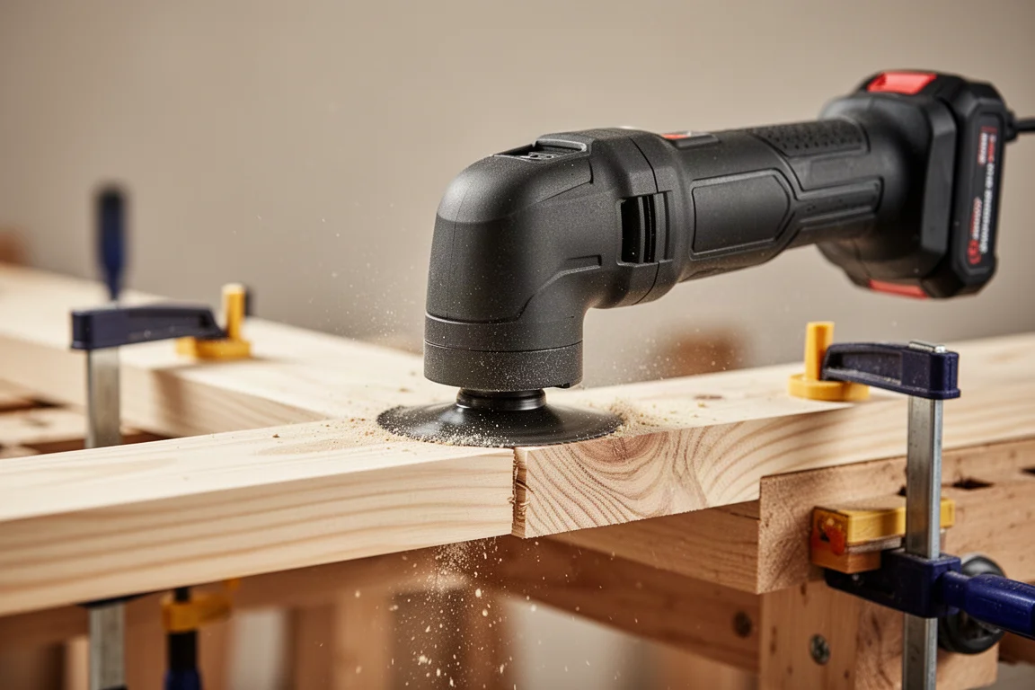 Herramienta multiuso oscilante cortando una tabla de madera en un taller