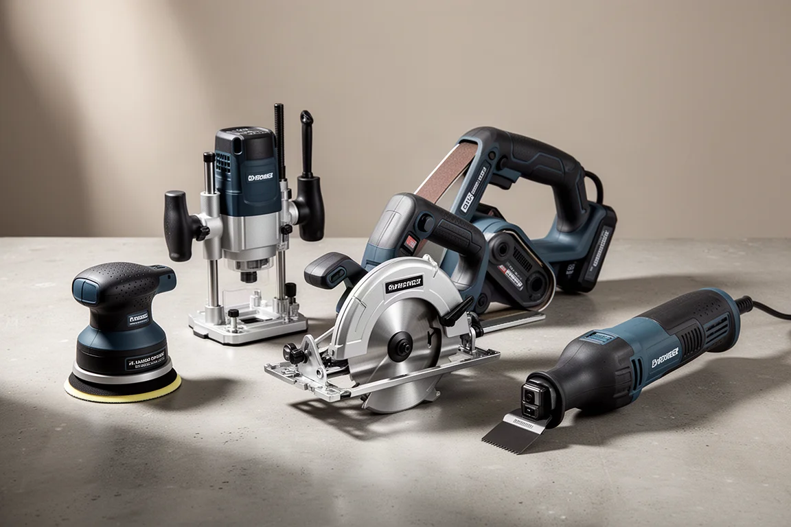 Five Makita cordless power tools arranged on a concrete workshop surface
