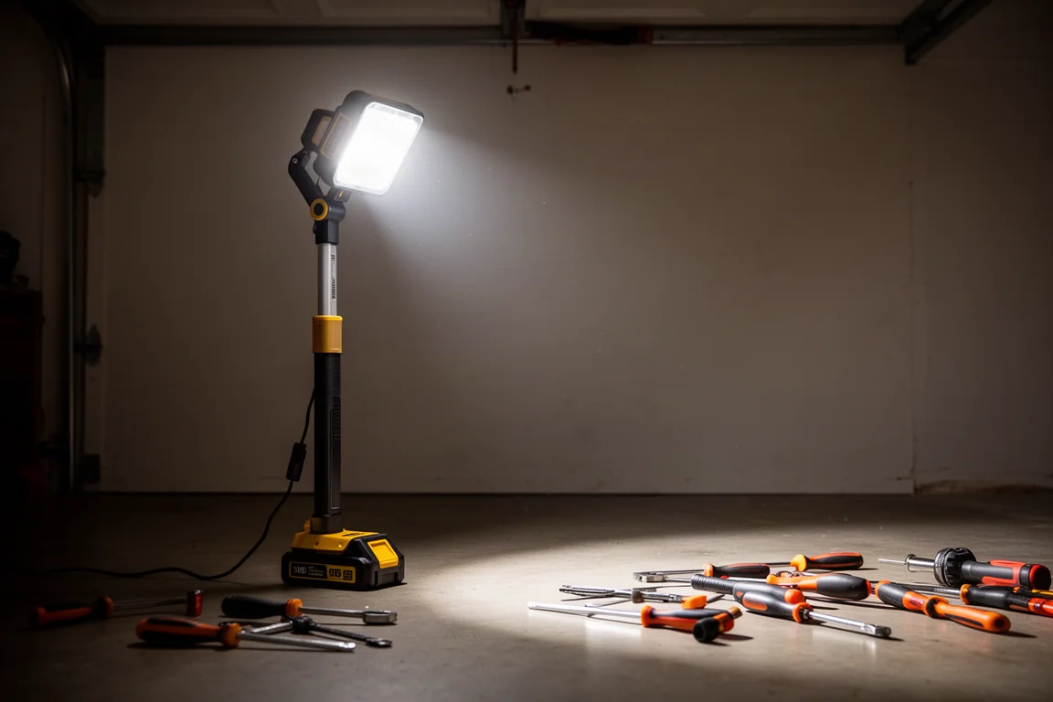 Luz de trabalho iluminando uma área escura de oficina em garagem com luz branca intensa