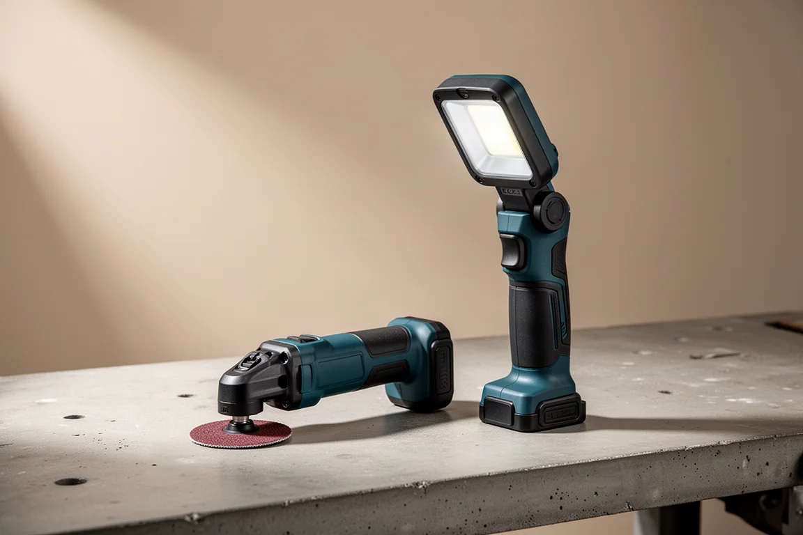 Cordless cut-off tool and work light arranged on a workshop bench
