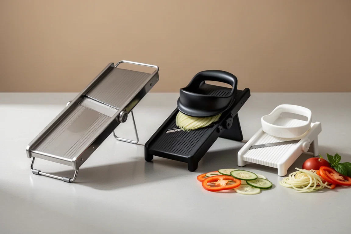 Three mandolin slicers of different sizes arranged on a light grey surface