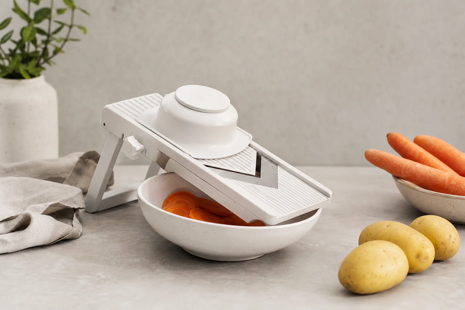 Compact mandoline slicer positioned over a white bowl with fresh vegetables