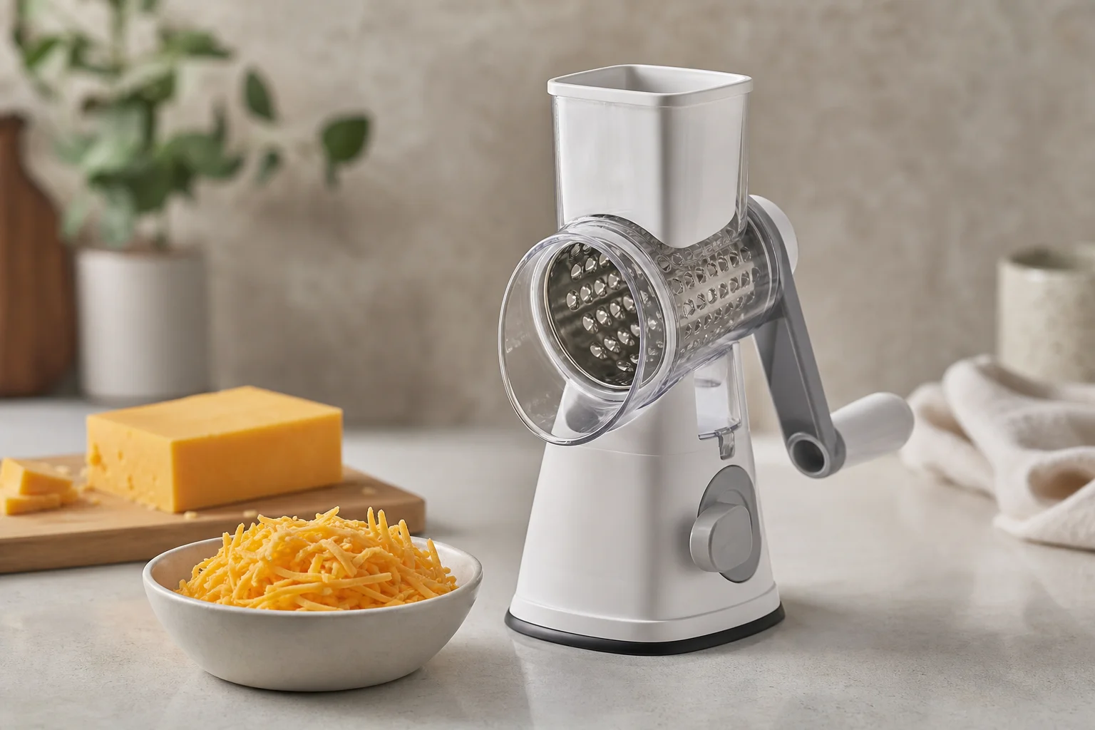 Rotary mandoline grater with freshly shredded cheese on a kitchen surface