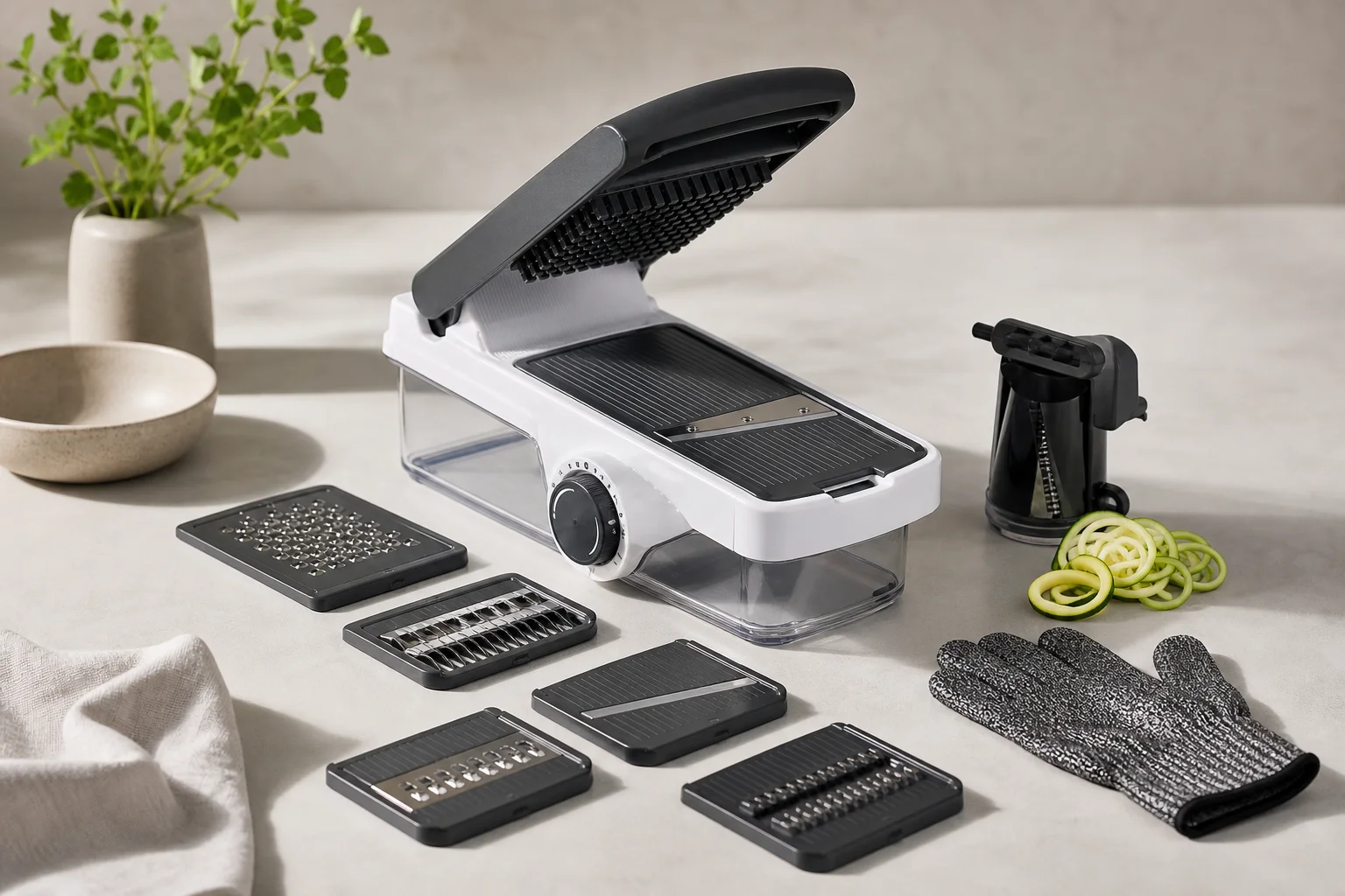 Fullstar mandoline slicer with multiple blade inserts and spiralizer attachment displayed