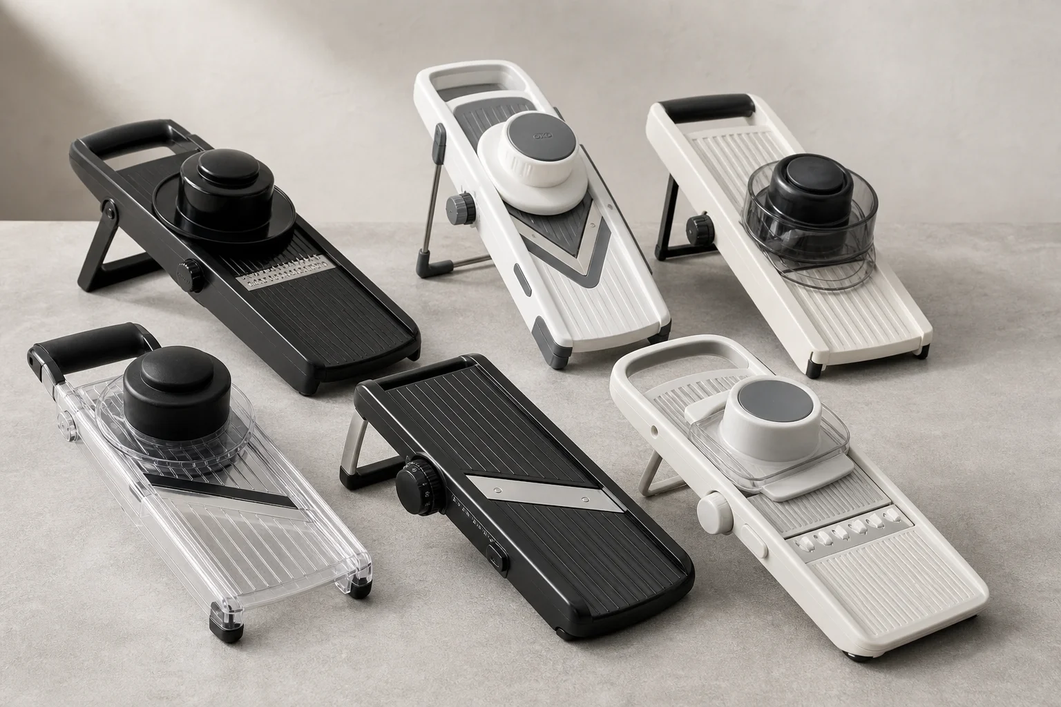 Six mandoline slicers displayed on concrete surface showing variety of designs