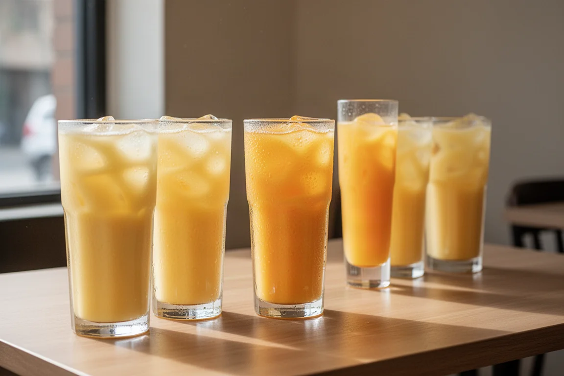 Cafétisch mit mehreren hohen Mango-Drinks in Reihe bei natürlichem Licht