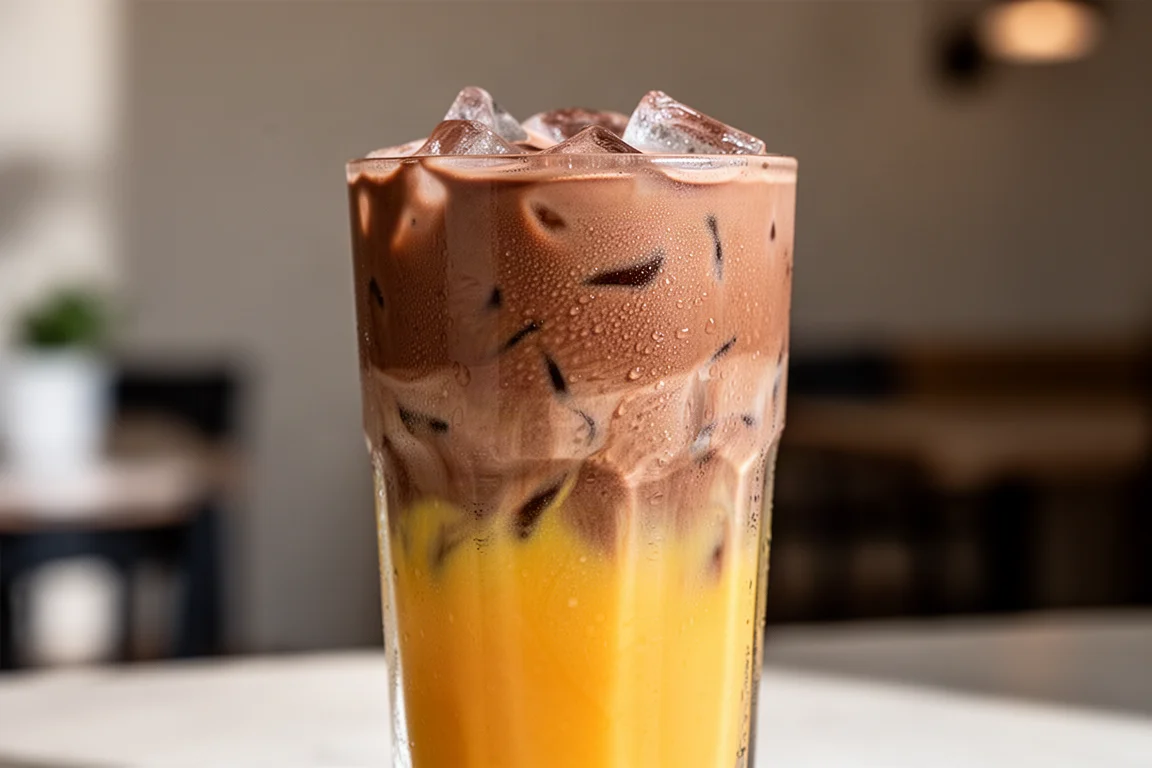 Nahaufnahme eines geschichteten Café-Drinks mit Schokolade und Mango