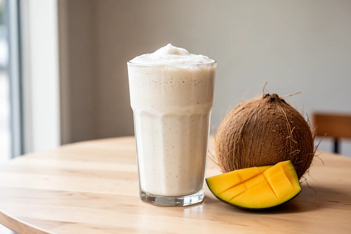 Glas eines Smoothies auf Kokosbasis auf einem hellen Cafétisch