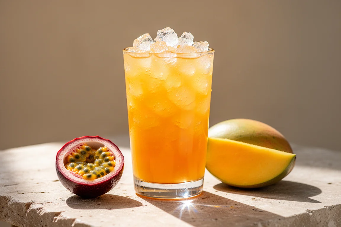 Erfrischender Mango-Maracuja-Cooler mit Eis, das das Sonnenlicht einfängt
